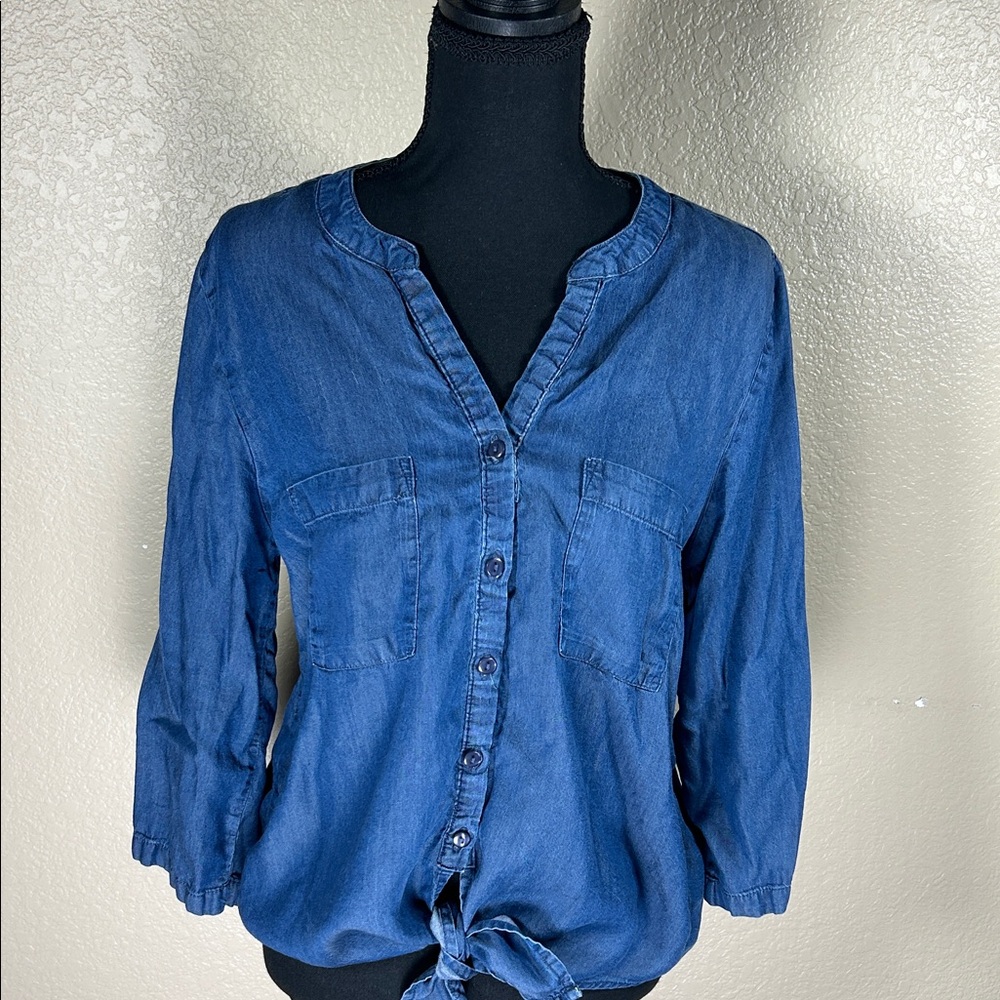 LaTia Dark Wash Denim Tie-Front Shirt – Chic High-End Look